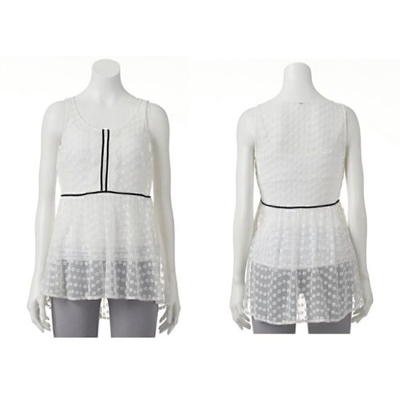 LC Lauren Conrad Tops - Lauren Conrad LC White Lace Black Ribbon Swiss Dot Sleeveless Top (Womens S)